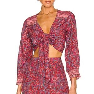 NWT Veronica Beard Sarah Tie Front Cotton V Neck Crop Top Blouse Spicy Red Pink